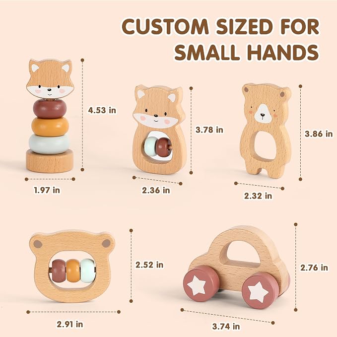 Freniland Wooden Montessori Toys, 5-Piece Wooden Baby Toys, Bear Baby Rattle, Fox Stacking Ring, Car Push and Pull Toys, Bear Grasping Toys,Newborn Baby Gift Sets for Boys and Girls
