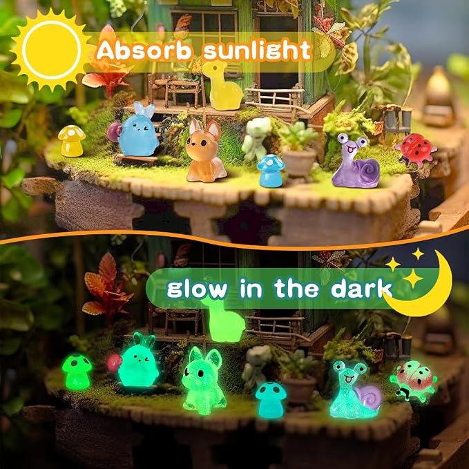 DIYDEC 206pcs Mini Luminous Resin Animals, Miniatures Glow in The Dark Toys Tiny Little Figures to Hide Small Duck Decor for Party Favors Bag Fillers Fairy Garden Dollhouse Accessories