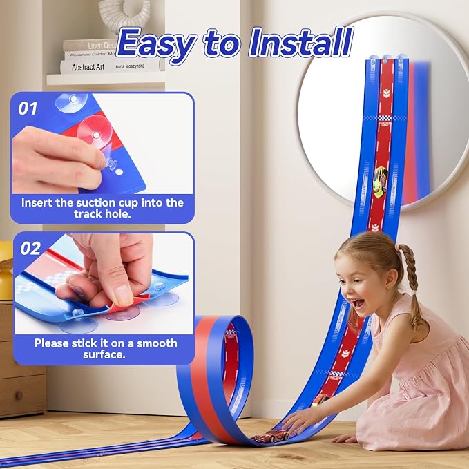 3-Lane Flexible Race Track for Kids, 16.4 Ft Flex Race Car Ramp Track with 3 Cars & Suction Cups - Compatible with Diecast 1/64th Cars, Portable Car Tracks Toys for Kids Boys Girls Ages 3-8+