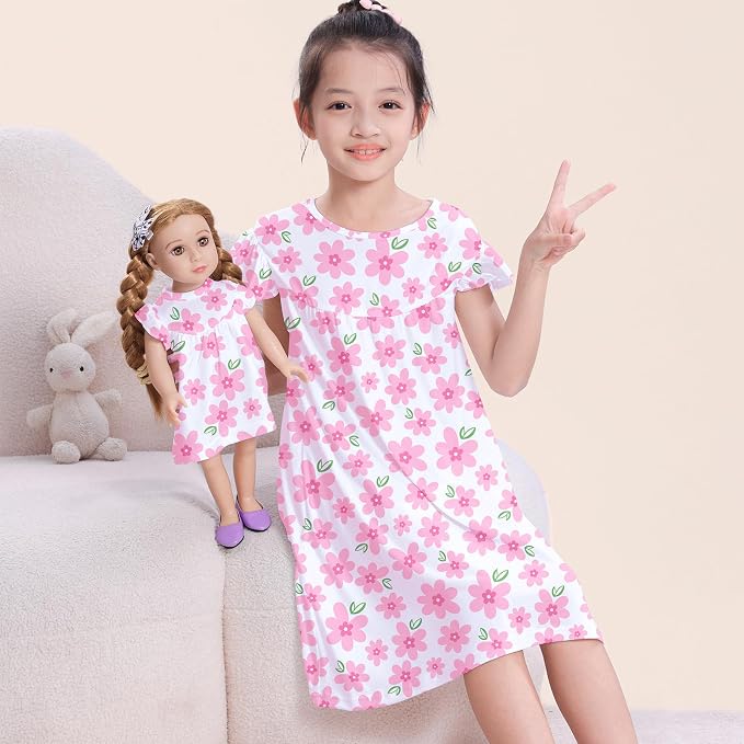 ICOSY Matching Doll & Girls Nightgowns Clothes Girls Pajamas Sleepwear Outfit for Kids and 18" Girl Doll