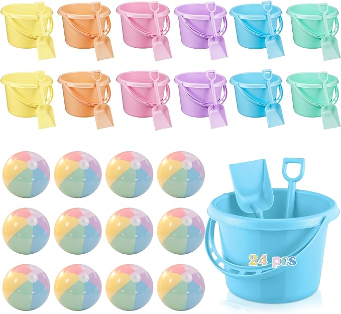 Lunmon 18 Pcs Beach Toys for Kids 6 Set Sand Buckets Shovels Bulk Pastel Beach Balls Inflatable Sand Toys for Girls Boys Toddlers Games Birthday Summer Pool Party Favor (Macaron, Cute)