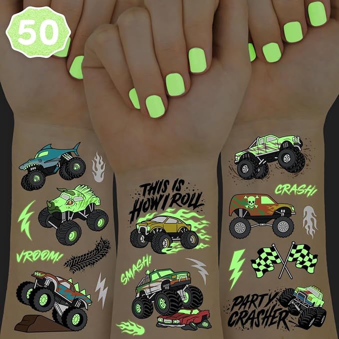 xo, Fetti Glow In The Dark Monster Truck Temporary Tattoos - 50 Foil Styles | Truck Birthday Party Decorations, Boys Pick Up Truck Party Favors, Race Car Temp Tats, Kids Arts and Crafts Supplies