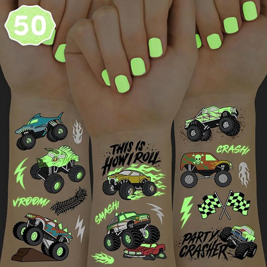 xo, Fetti Glow In The Dark Monster Truck Temporary Tattoos - 50 Foil Styles | Truck Birthday Party Decorations, Boys Pick Up Truck Party Favors, Race Car Temp Tats, Kids Arts and Crafts Supplies