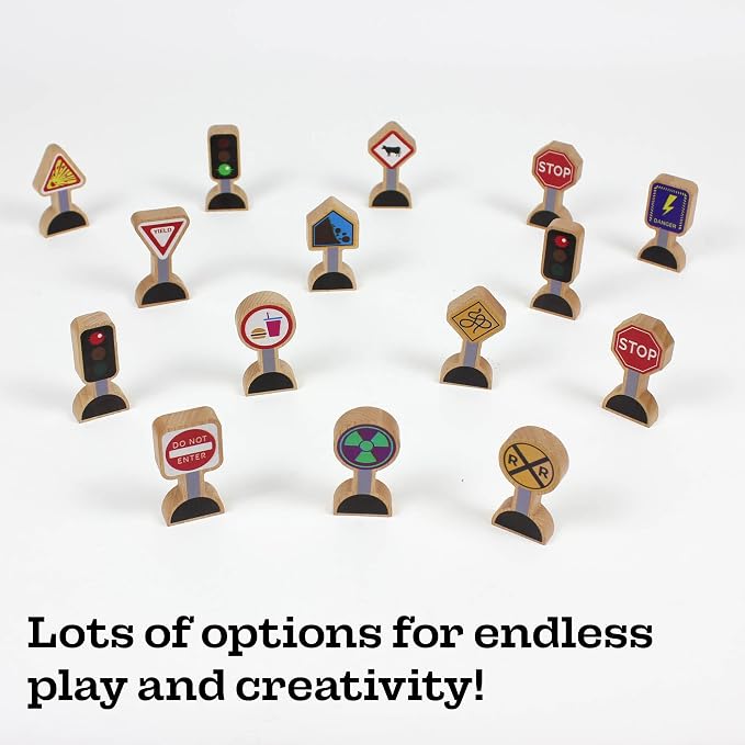 15 Pieces - Wooden Traffic Signs For Kids - Zany Street Signs for Play Mats, Toy Trains and Cars - Wooden Street Signs Road Signs - Educational Preschool Train Track Accessories - Zany Trains Series 2
