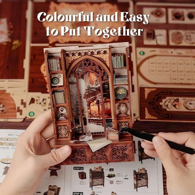 Fsolis Book Nook Kit - Booknook Bookstore (Bookshop Memory) | 3D Wooden Puzzles for Adults and Beginners, DIY Miniature House Kit Bookish Gifts for Women Book Lovers