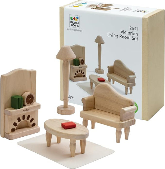 PlanToys® Wooden Victorian Living Room Set | Montessori Dollhouse Living Space for Social Interaction, Family Play & Imaginative Storytelling | Eco Friendly Wooden Dollhouse Living Room Furniture