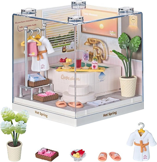 Miniature Hot Spring Spa DIY Bathroom Kit with Acrylic Display Case – Relaxing Bath Dollhouse Room Craft Set, Tool-Free Mini House for Teens, Adults & Beginners
