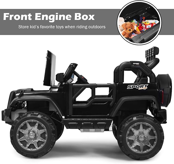 Costzon 2-Seater Ride on Truck, 12V Battery Powered Electric Vehicle Toy w/Storage, Remote Control, 3 Speed, LED Lights, MP3, Horn, Music, 2 Doors Open, Spring Suspension, Ride on Car for Kids(Black)