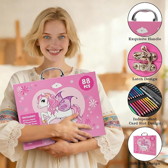 88Pcs Little Pink Horse Markers Set, Drawing Set For Artists, Portable Art Case, Color Pencils, Pressed Powder, Acrylic Marker, Oil Pastels with Case ect