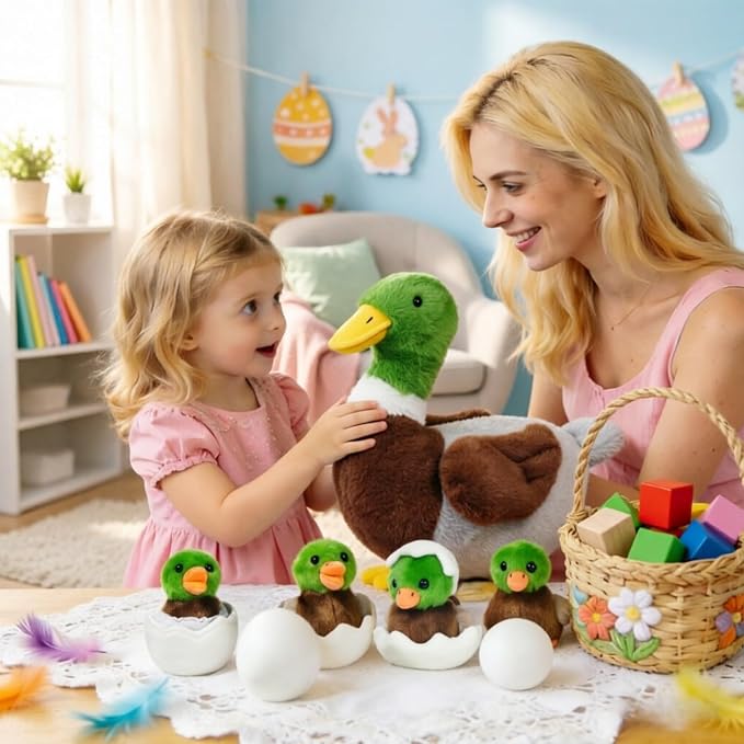 Youthfuljive 7 in 1 Mallard Duck Stuffed Animals Duck Plush Toys, 12" Zipper Mommy Stuffed Duck with 4 Baby Ducks Ducklings Eggs Green Duck Plushies Pillow for Kids Birthday Farm Party Decor