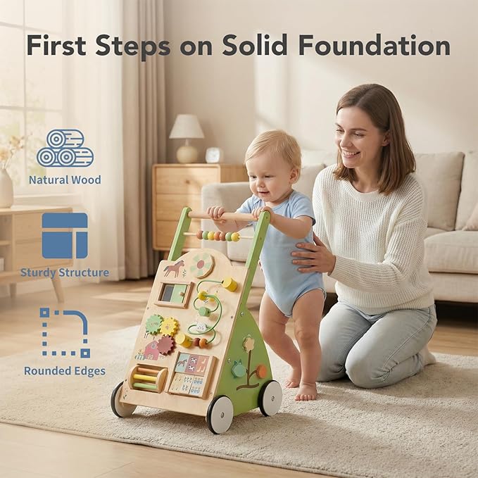 DUMOS Wooden Baby Push Walker, Montessori Activity Toys with Adjustable Speed for 1 Year Old, Silent Rubber Wheels, Green