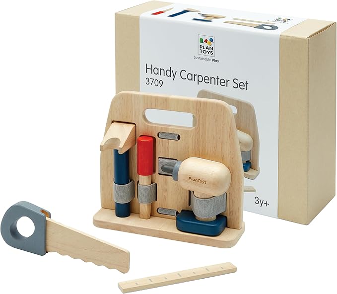 PlanToys® Wooden Handy Carpenter Set for Montessori Inspired Practical Life Play | Fine Motor, Construction and Imaginative Skill Building | Eco Friendly Tool Set for Creative Hands On Learning