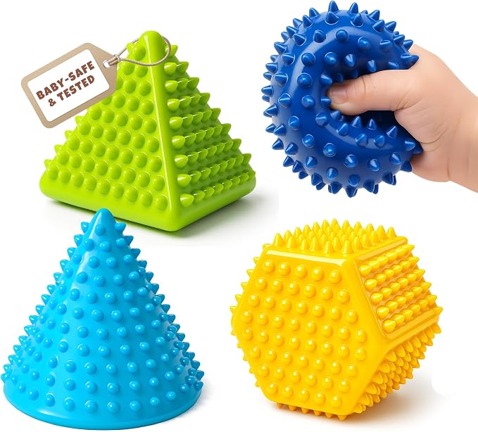 Soft Spiky Sensory Balls, Textured Baby Toys 6 to 12 Months | BPA-Free Plastic, Raised Bumps, Geometric Shapes, Bright Colors, Squeeze, Roll & Massage Play, Gift for Toddlers 1-3