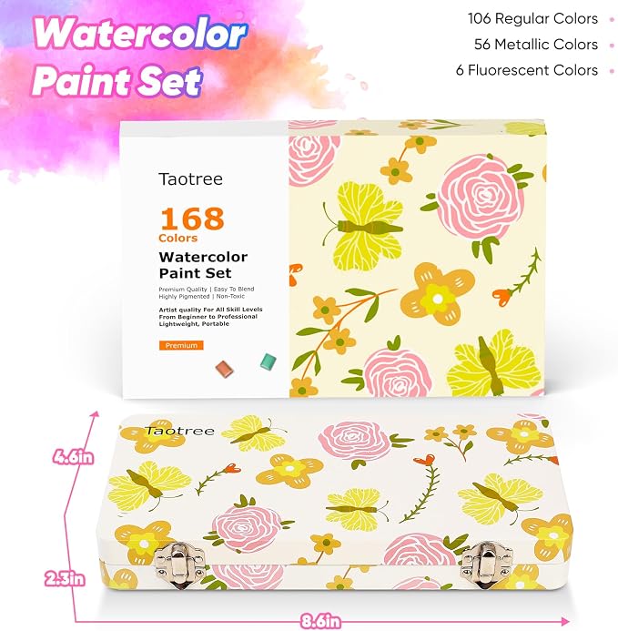 Taotree Watercolor Paint Set 168 Colors, Art Supplies Watercolors Kit Travel Water Colors with 3 Paints Brushes, Crafts Painting Supplies, Drawing for Adults Artist Drawing, Painting