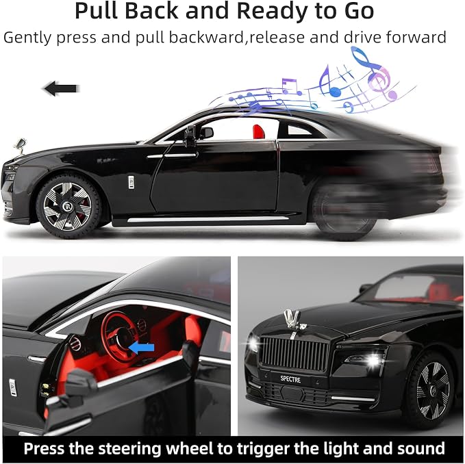 BDTCTK Compatible for 1:24 Rolls Royce Spectre Model Car, Diecast Collectible Pull Back Toy Car with Sound and Light for Adults Kids Boys Girls, Gift Black