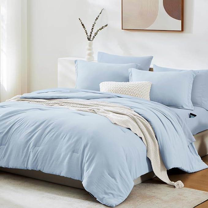 WRENSONGE Queen Comforter Set - 7 Pieces Ice Blue Soft Bed in a Bag Queen with Fitted Sheet, Flat Sheet, 2 Pillow Shams, and 2 Pillowcases- Warm Bedding Sets for All Season
