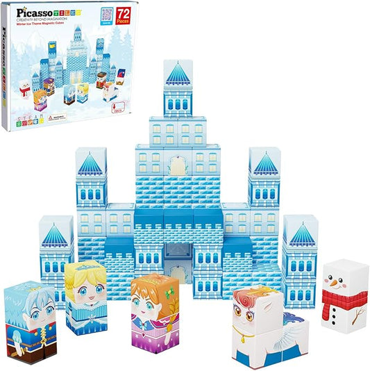 PicassoTiles Magnet Cube Winter Ice Themed Mix and Match Building Block Castle Construction Toy with 7 Magnetic Cubed Character Action Figures STEM Learning Education Sensory Pretend Play Age 3+ PMC72