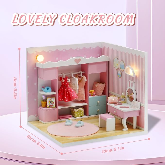 Kisoy Dollhouse Miniature with Furniture Kit, DIY 3D Wooden DIY House Kit A Corner of a Small Apartment Style with Dust Cover & LED,Handmade Tiny House Toys for Adults Gift（Cloak Room）