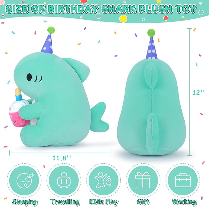 Auspicious beginning Birthday Gift Shark Plush Stuffed Animal, 11.8'' Kawaii Soft Birthday Shark Plush Toys with Holding Cute Birthday Cake Gift for Girls Boys, Children's Day, Anniversary, Green