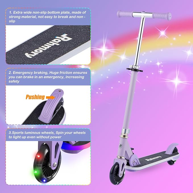 Rahmory Kick Scooter for Ages 5-12,Kid, Teens. Max Load 155 LBS. Foldable, Lightweight, with Light up Wheels and Dynamic Light Deck, Teen and Adults, 3 Adjustable Levels.