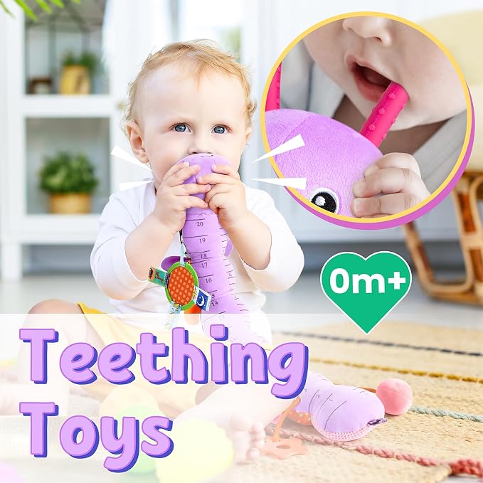 LIGHTDESIRE Baby Toys 6-12 Months Musical Caterpillar,Infant Toys Stuffed Animals with Ruler Design Mirror,Pull String,Crinkle&Rattles,Teething Toys for Tummy Time, Boy Girl Gifts 0-12 Months(Purple)