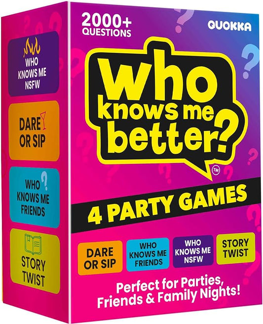 QUOKKA Party Games Set – Who Knows Me Better Collection with 4 Game in 1 Box – 2000+ Questions – Card Games for Adults and Teens – Board Game for Family Night, Friends & Couples Ages 15+