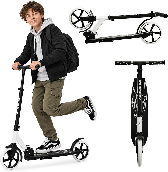 Rahmory Kick Scooter for Ages 6+,Kid, Teens & Adults. Foldable Kick Scooter for Boys with 4 Adjustable Heights, ABEC9 Bearings, Supports Up to 220 lbs.