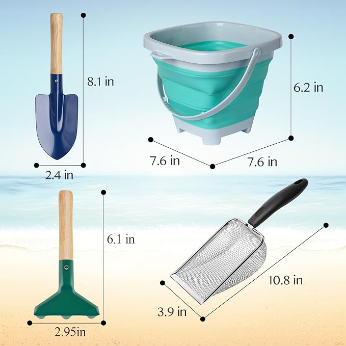 5 Pcs Sand Toys Beach Set Include 1 Metal Shovel,1 Metal Rake,1 Foldable Beach Bucket & 1 Sand Sifter with 1 Mesh Beach Bag for Shells Collecting