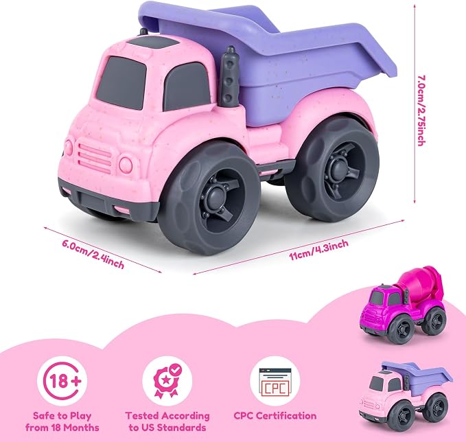 Aigitoy Dump Truck Toys for 3 Year Old Boys, BPA Free, Phthalates Free, PVC, Dump Truck, Mixer Cement, Easter Christmas Birthday Gifts for 2 3 4 Year Boy Girl. Dishwasher Safe,Recycled Plastic (Pink)