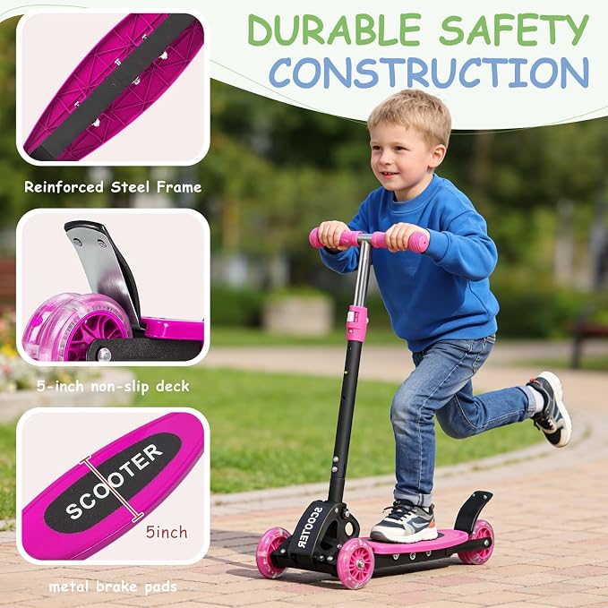 Toddler Scooter, 3 Wheels for Kids 2-7 Year Old LED Lighted, Folding Lean-to-Steer Kids Scooter with 3 Adjustable Handlebar for Boys Girls, Blue