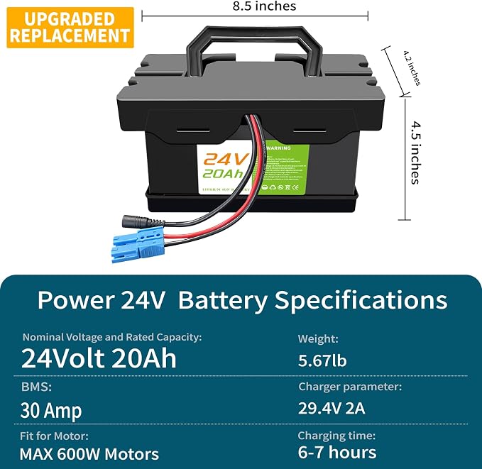 24V 20Ah Battery for Ride-On Cars & Toys, More Power for Dynacraft Realtree 24V UTVs- Lightweight & Long-Lasting, with 2A Fast Charger (24V20Ah)