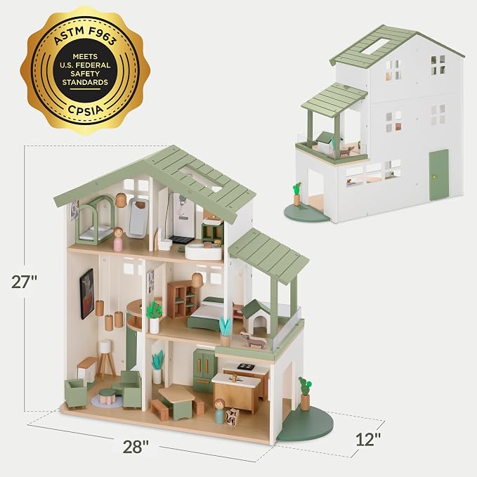 Best Choice Products Modern Wooden Dollhouse for Kids, 3-Story Doll House with 40 Furniture Accessories, Interactive Dollhouse Set with Dolls, Multi-Room Design for Girls & Boys - Sage