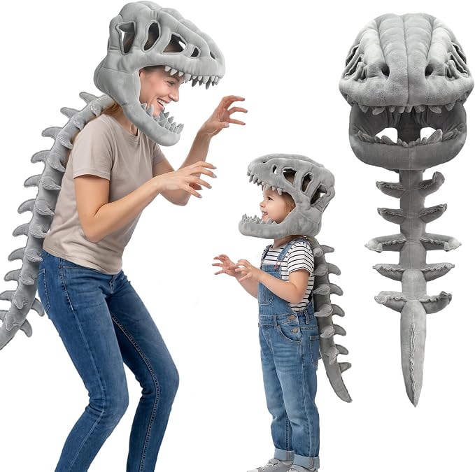 Dinosaur Skeleton Costume, Wearable Spinosaurus Skull Mask & Spine, Silly Dino Skeleton Halloween Costumes Outfit
