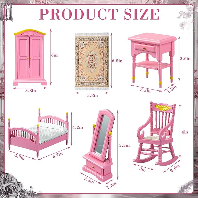 Skylety 7 Pcs Wooden Dollhouse Furniture Set 1: 12 Scale Victorian Dollhouse Bedroom Furniture, Bed Dressing Table Wardrobe Carpet for Adults Toys Miniature Doll House Accessories(Pink,Bright)