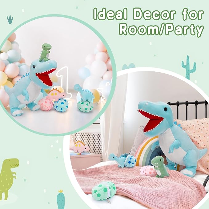 MorisMos Dinosaur Stuffed Animal with Babies,23.6'' Big Mommy Stuffed Dino T-rex with 3 Baby Dino Stuffed Toys & 3 Eggs Plush Inside Belly, Boy Girl Dinosaur Toys for Kid 3-5,Blue T-rex Toys Gift