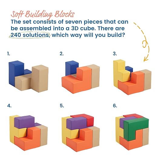 ECR4Kids SoftZone Brainy Building Blocks Puzzle Set, Beginner Playset, Assorted, 7-Piece