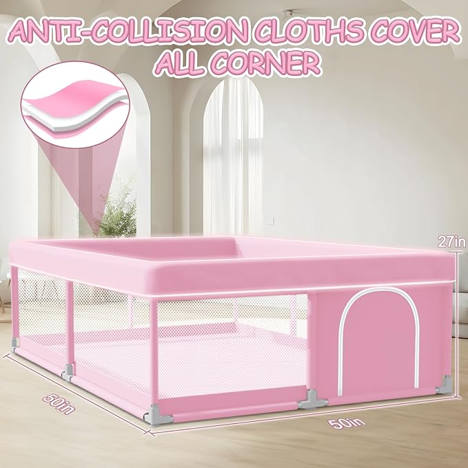 XVISHX Baby Playpen 50 x 50 Inch Play Pen Playards, Playpen for Babies and Toddlers, Baby Playard for Indoor & Outdoor Active Center Game Fence, with Skin-Friendly Fabric and Soft Breathable Mesh Pink