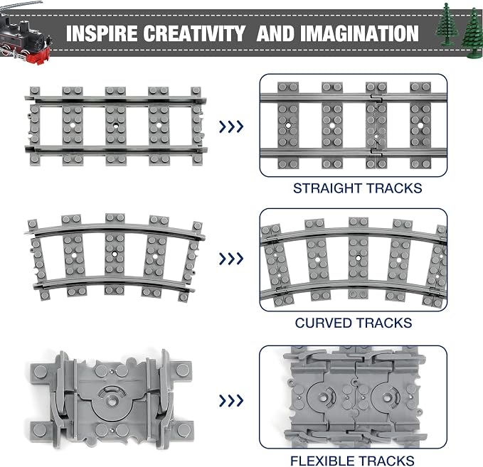 MANNIDOO Classic City Train Tracks, 72 Pieces Railroad Track with 24 Flexible, 24 Curved and 24 Straight Tracks, Train Expansion Accessories Compatible with All Major Brands Train Tracks