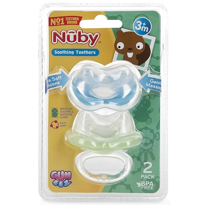 Nuby Gum-EEZ Baby Teethers - 2 Pack - Soothing Bristles, Easy Grip Handle & Hygienic Cover - Silicone Teethers for Babies - 3+ Months - Neutral - 100% Silicone