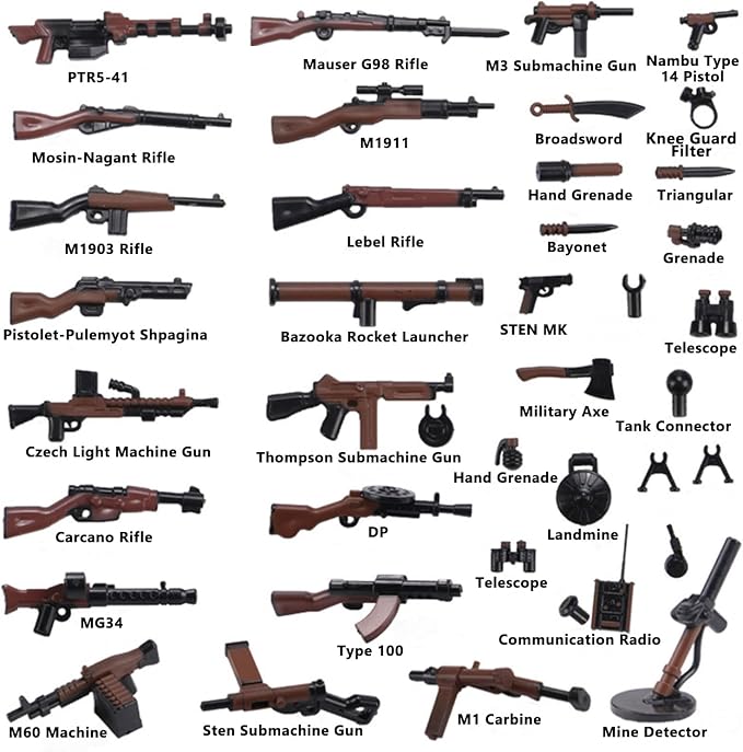 Military Weapons Pack, Military Toy Gun Set for Classic Building Blocks, 40 Pieces WW2 Army Accessory Combination, Compatible with Major Brands, Brownish-Black