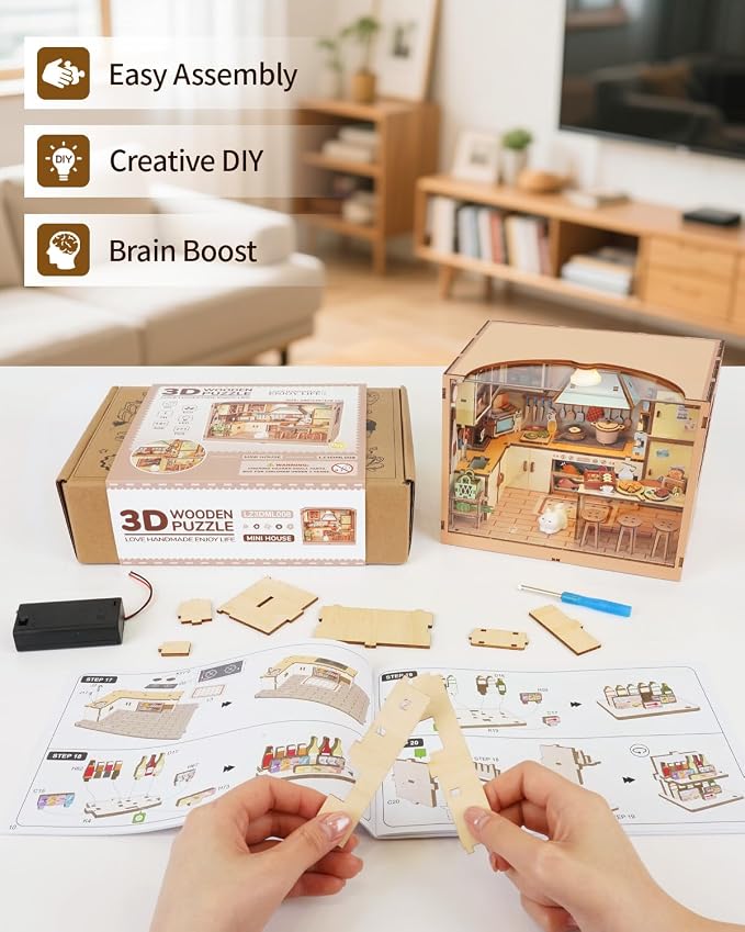 DIY Dollhouse Miniature House Kit 1:20 Scale Kictchen with LED Light, Tiny House Building Kit 3D Wooden Puzzle Crafts for Adults Home Decor Gift for Women Men
