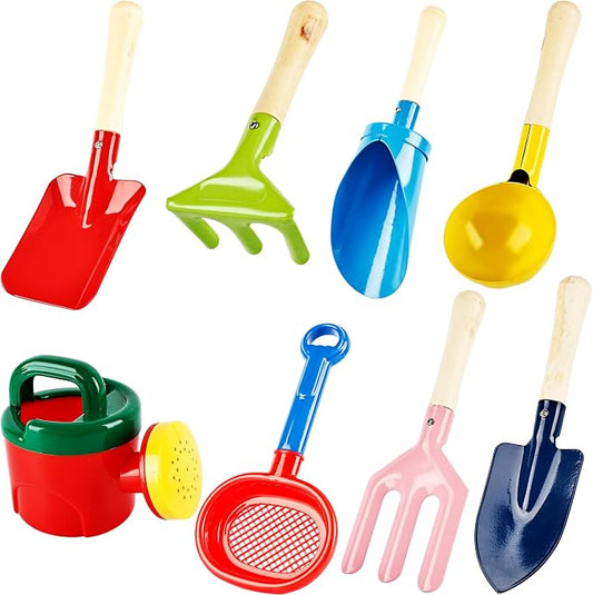 8 Pcs Kids Beach Sand Tools Metal Beach Spoon, Fork, Trowel, Rake, Flat and Pointed Shovel Sand Toys with Sturdy Wooden Handle Watering Can Sand Sifter Sieves for Children Beach Gardening Use