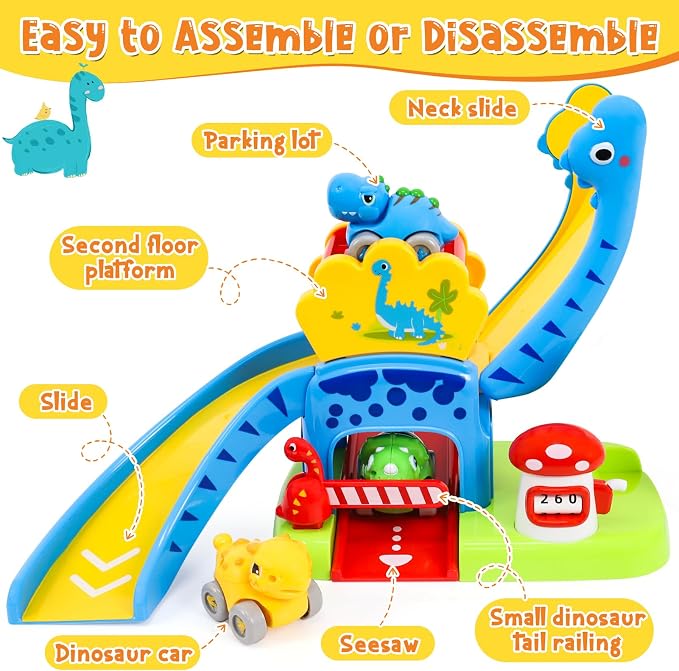 Toddler Toys for 1 2 Year Old Boy Gifts, Dinosaur Slide with 4 Dino Cars Montessori Learning Toys for Baby 12-18 Months, Educational First Birthday Gifts for Kids, Girls, Push Track for Toddlers 1-3