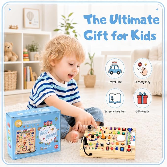 Busy Board with LED Light Switches, Montessori Toys for 1 2 3 Years Old, Toddlers Wooden Toy Sensory Activity Board, Travel Toys for 1+ Year Old Boy & Girl Birthday Gift (School 19 Switches)