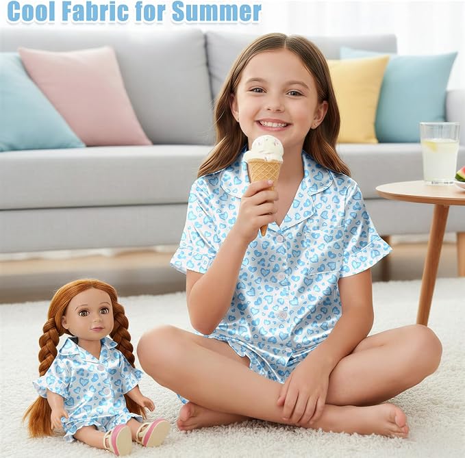 ICOSY Matching Doll & Girls Silk Pajamas Satin Pjs for Girls Button-Down Top and Shorts for 18" Doll Girl Clothes