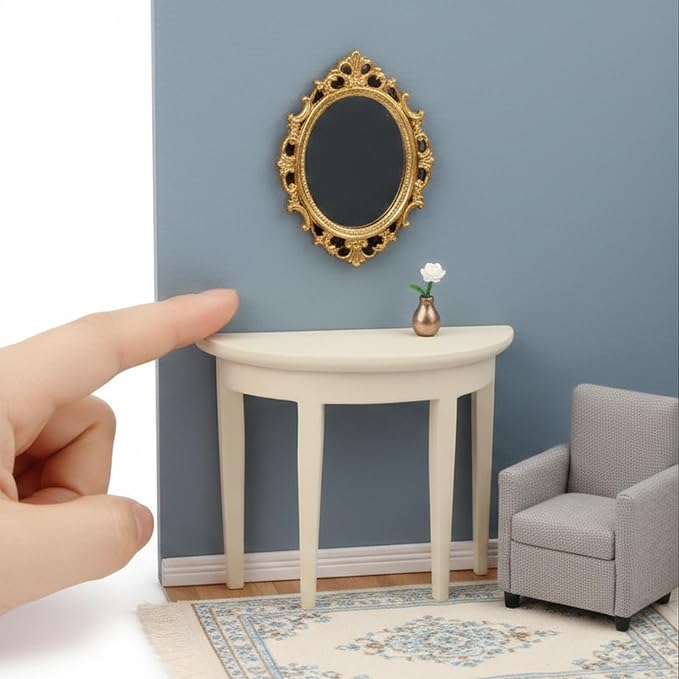 Miniature Half Moon Table Dollhouse Furniture 1/12 Scale for Living Room Bedroom Hallway, Entrance, Small Spaces, DIY Doll House Accessories (White)