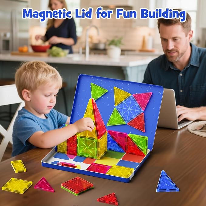 Jumbo Magnetic Tiles with Secure Metal Case, 32 Pcs Large Magnetic Building Blocks for Kids 3-8, STEM Toys for Toddlers, Preschool Learning Montessori Toys, Age 3+ Boy Girl Gift