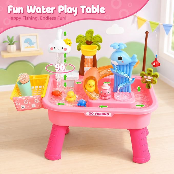 2026 Upgraded Toddler Sand Water Table Toy with Electric Water Pump, Kids Sand Water with Faucet/Play Food Accessories/Fishing Toy, Kitchen Play Sink Toys for Girl Boy Age 3+ (Pink)