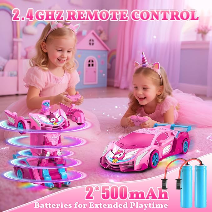 Pink Unicorn Transform RC Cars for Girls Toys with Rainbow Eyes & Underbody Lights, Fast 360°Rotation & 2.4GHz Robot Remote Control Car One-Button Deformation,Birthday Gifts for 3-12 Year Old Girls