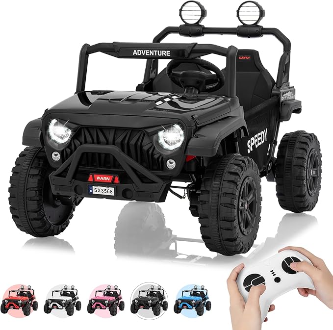 2 Seater Ride on Car for Kids, 24V Ride on Toy, Fast 4.97MPH Truck, 4WD Kids Electric Vehicles with Remote Control, Spring Suspension, Front & Behind LED Lights, Dual Storage, 3 Speeds, Music, Black